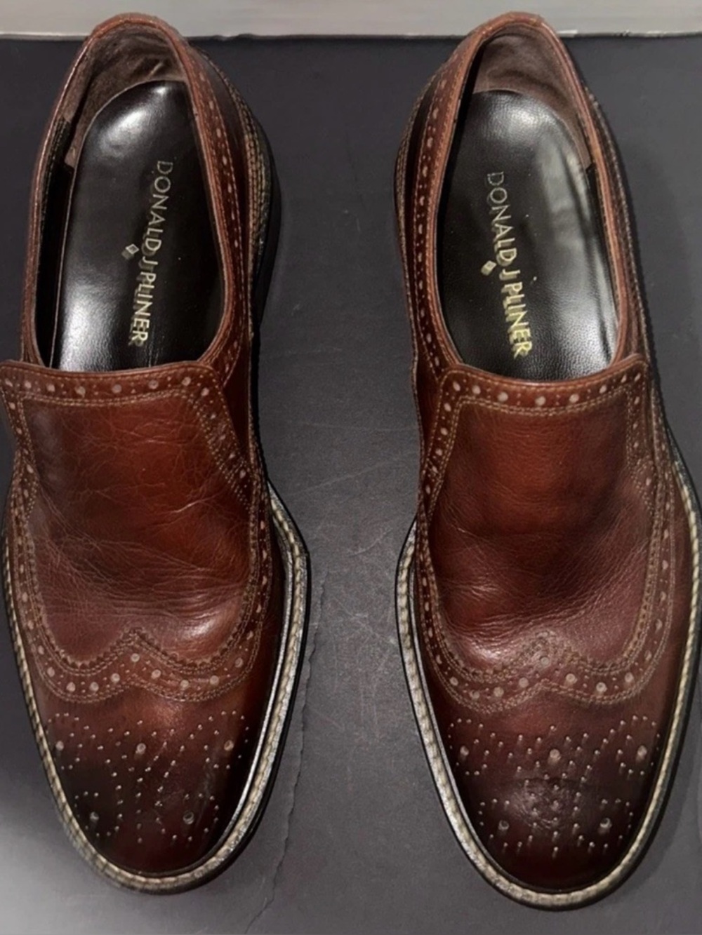 Donald J Pliner Brown HIDEXO Leather Wingtip Penny Loafers Men 9.5 M made Italy - Picture 1 of 9